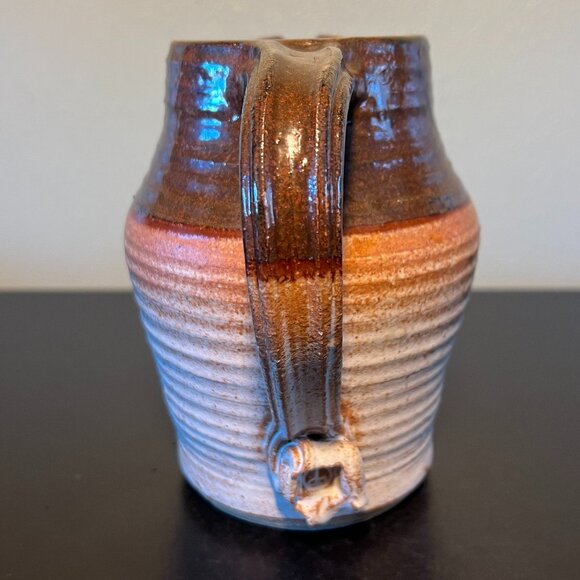Handcrafted Hand Thrown Studio Clay Pottery Rounded & Ribbed Water Pitcher - Picture 9 of 16